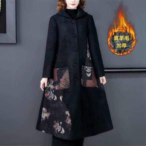 Retro Winter Large Size Jacket Womens Clothing 2020 New Loose Patchwork Mid-length Woolen Coat Thicken Hooded Windbreaker K1282