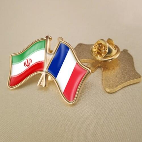 Iran and France Crossed Double Friendship Flags Lapel Pins Brooch Badges