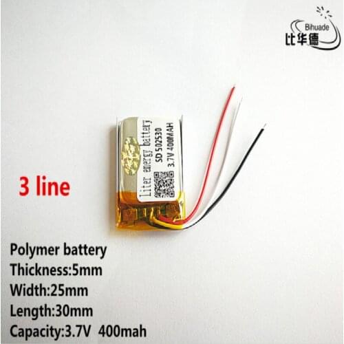 10pcs/lot 3 line Good Qulity 3.7V,400mAH,502530 Polymer lithium ion / Li-ion battery for TOY,POWER BANK,GPS,mp3,mp4
