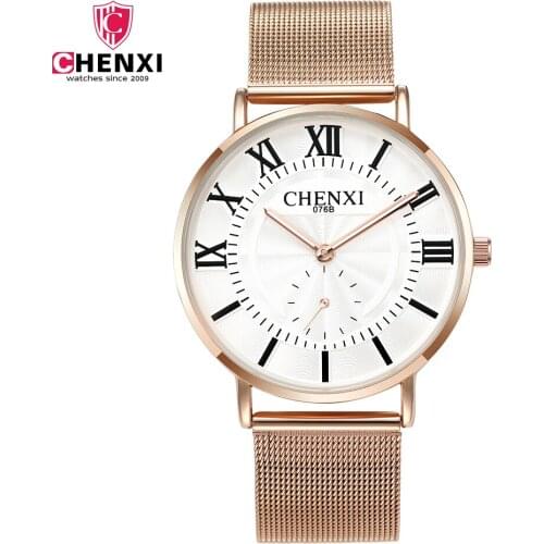 2018 CHENXI Lovers' Watches Fashion Roma dial Waterproof Couple Watches Men and Women Rose Gold mesh band Quartz WristWatches