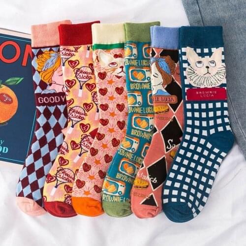 3Pairs/set woman COTTON fashion for Autumn/winter scrawl cat picture colorful stockings