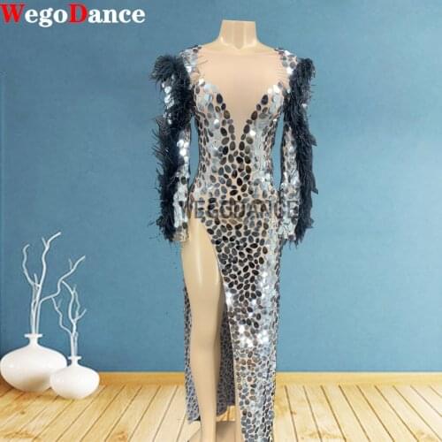 Sparkly Silver Sequins Black Feather Sleeves Long Dress Birthday Celebrate Transparent Costume Dress Women Dancer Dresses