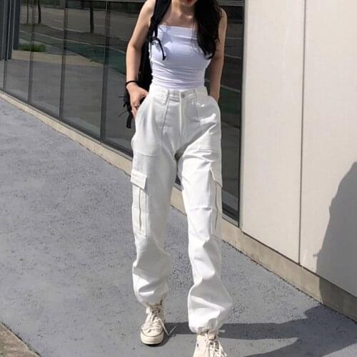 Women Woven White Cargo Pants with Multi-pocket High Waist Trousers Lady Black Radish Cone Pant Femme Summer Streetwear Dropship