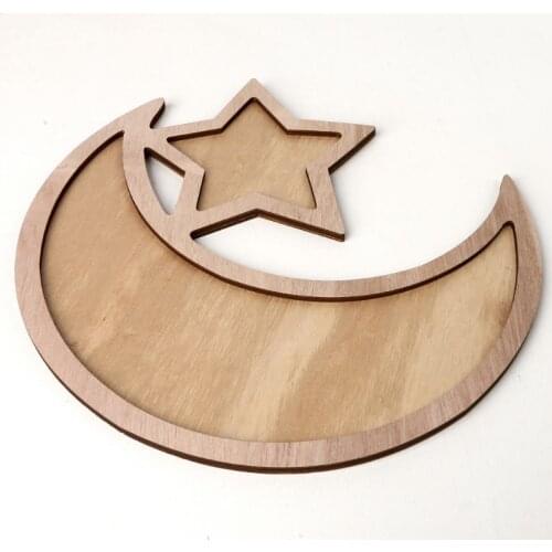 Rustic Wooden Crescent Moon Srar Eid Ramadan Party Food Serving Tableware Dessert Pastry Tray Display Holder Decor Ornament