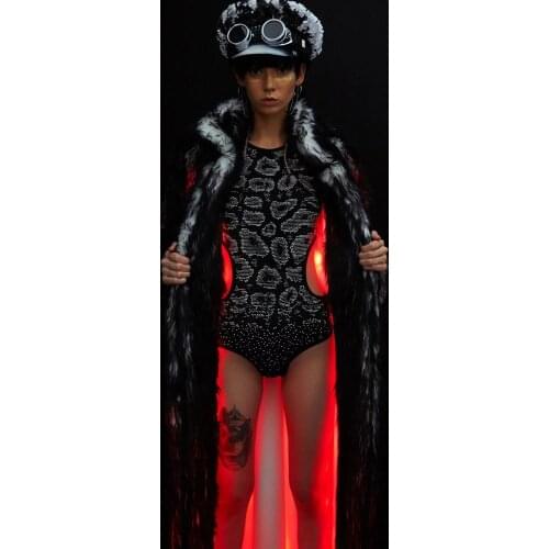 Long LED Stage Faux Fur Coat LED Luminous Clothes Show For Dancer Nightclub Coats Hooded Jacket Halloween Clothes