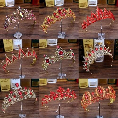 European Baroque Vinatge Red Crystal And Pearls Bridal Diadem Pageant Girls Princess Tiara Rhinestone Wedding Crown Hair Jewelry