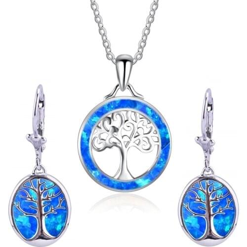 Exquisite Jewelry Set Fashion Tree Design Blue Imitation Fire Opal Women Pendant Necklace With Earrings Fashion Women Lover Gift