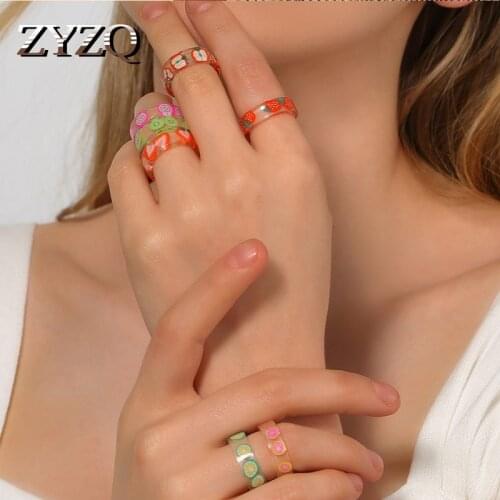 ZYZQ 2021 Acrylic Resin Fruit Transparent Ring for Women Korean Strawberry Circle Rings Jewelry Frrendship Gifts Wholesale
