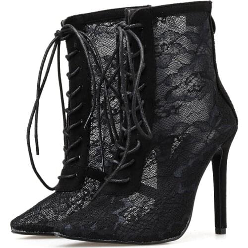 Summer Classic Black Mesh Women Boots Floral Lace-Up Thin High Heels Ankle Pointed Toed Party Wedding Shoes Sexy Large size