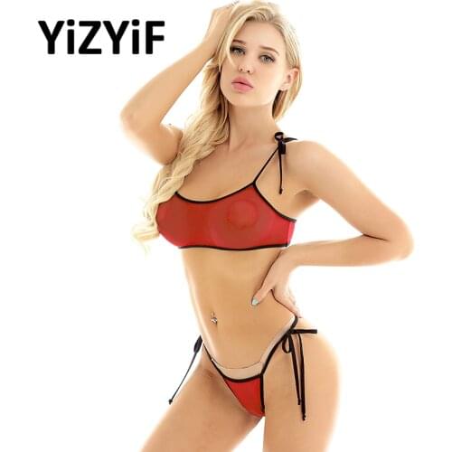 Micro Bikinis Women Swimsuit Mini Swimwear Mesh See Through Sheer Bathing Suit Self-tie Bra Top with G-String Thong Underwear