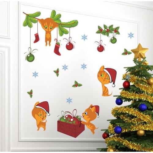 Cute Cats Evergreen Bough Balls Snowflakes Wall Stickers For Home Decor Diy Christmas Festival Mural Art Animal Wall Decal