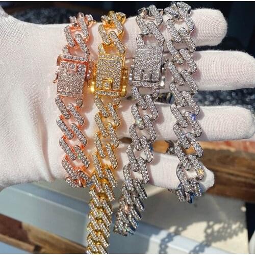 Gold Color Men Hiphop Iced Out Bling Bracelets Fashion Rhinestone 20cm long Miami Cuban link Chain Hip Hop Bracelet Men Jewelry