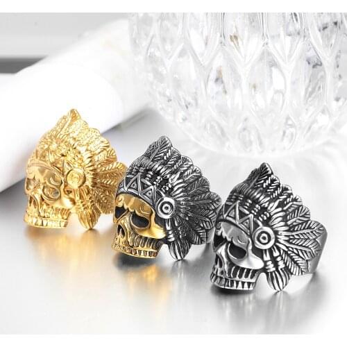 Hip Hop Indian Chief Skull Ring for Men Gold Silver Color Stainless Steel Punk Biker Ring Male Hippie Jewelry Dropshipping Store