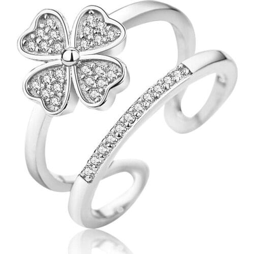 New Trendy Delicate Finger Rings CZ Zirconia lucky clover double layer opening Rings For Women Fashion Wedding Jewelry 2021