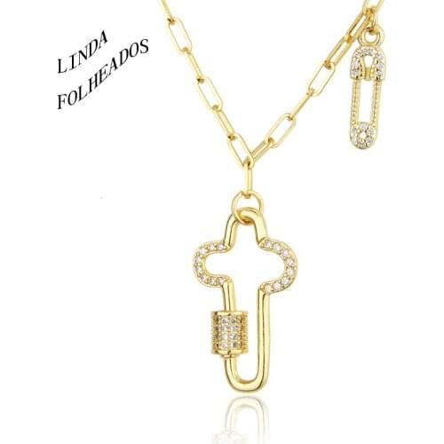 New Design Fashion Cubic Zirconia Gold Cross Necklace Top Quality Pendant Long Chain Necklace Copper Christian Jewelry Gift