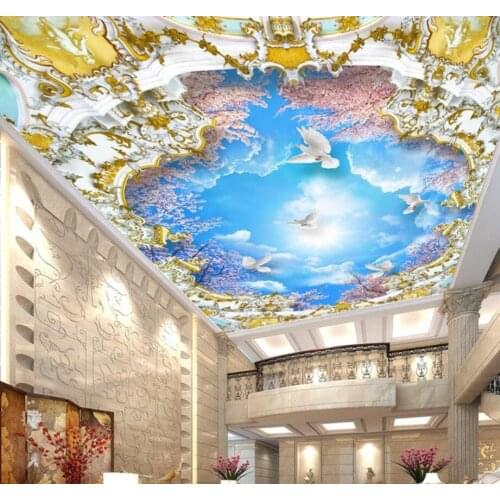 Beibehang Custom Wallpaper Home Decorative Fresco Blue Sky White Cloud Sakura Tree 3D Zenith Mural Ceiling 3d wallpaper photo