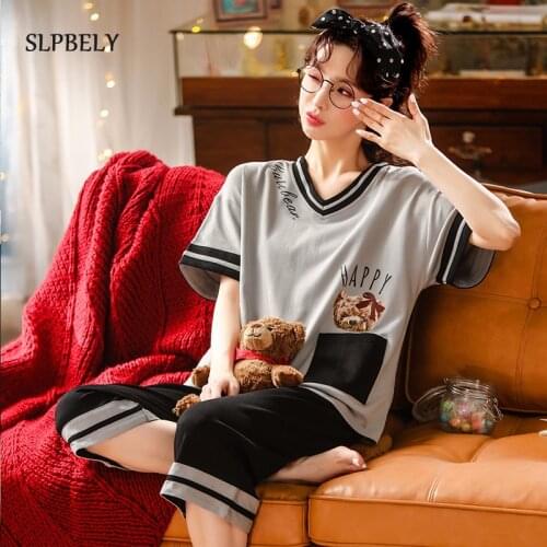 SLPBELY Womens Pajamas Pyjamas Set Summer Cartoon Bear O Neck Short Sleeve Sweet Sleepwear Homewear Nightwear Nightsuit Pijama