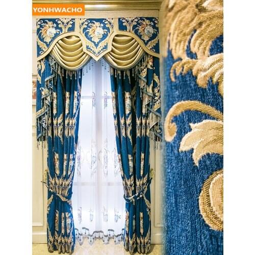 Custom curtains chenille American thick living room high-end villa floor blue cloth blackout curtain tulle valance drape B194
