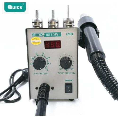 220V Upgrade QUICK 957DW+ LED Display Adjustable Hot Air Heat Gun With Helical Wind 400W SMD rework station With 3 Air Nozzles