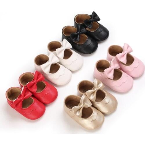 Soft Leather Baby Bowknot Shoes Newborn Rubber Sole First Walkers Floral Border Toddler Shoes Infant Girls Anti-slip Prewalker
