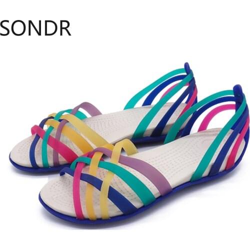 Womens Jelly Rainbow Colors Beach Sandals Peep Toe Flats Shoes Waterproof Anti-slide Girls New 2021