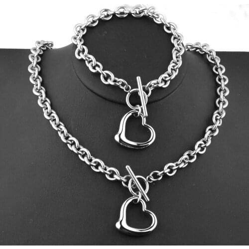 Fashion Girl Choker Stainless Steel Holllow Heart Pendant Necklace Bracelet For Womens Jewelry Set