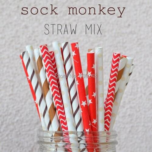 100pcs Mixed Colors Sock Monkey Mix Paper Straws,Red Chevron,Red with White Stars, Brown Stripe,Thin Striped,Birthday Party
