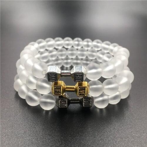 2021 Trendy Natural Frosted Stone Dumbbell Bracelet Black Bead Bead Bracelet Women Men Yoga Fitness Barbell Jewelry Pulseras