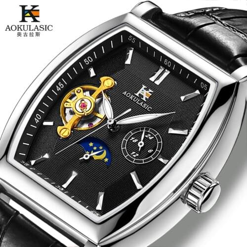 Automatic Mechanical Watch Hollow Through Bottom Leather Belt Watch Wine Barrel Automatic Watch wristwatch Men Relogio Masculino