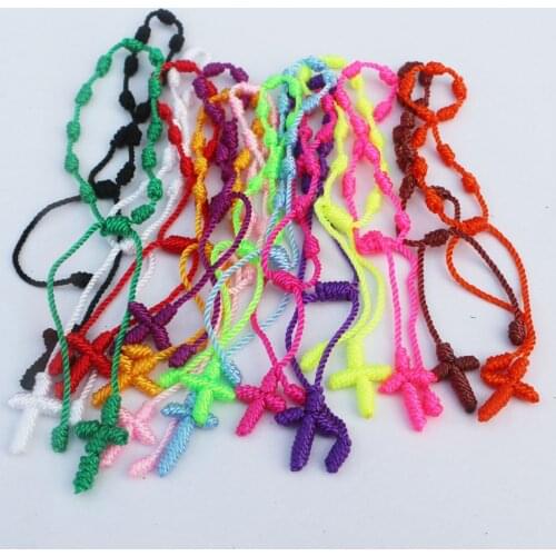 12PCS Christian Handmade cord 15colors knotted thread rosary cross bracelets knot rope Religious bracelets