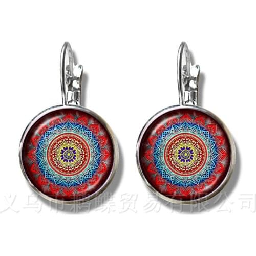Classic Indian Henna Yoga Earrings Om Symbol Buddhism Zen Colorful Mandala Flower Silver Plated Stud Earrings For Women