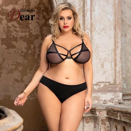 Comeondear Women Sexy Lingerie Black Mesh Perspective Fashion Bra Set 2Pcs Push Up Erotic Underwear Plus Size Panties RA80940