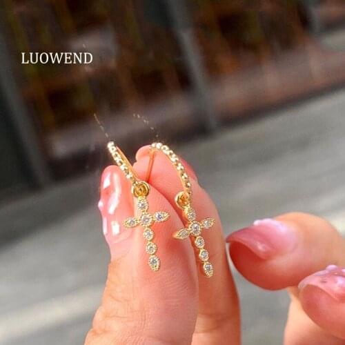 LUOWEND 18K Real Solid Yellow Gold Earrings Luxury Religious Cross Women Retro Wedding Drop Earrings Dangle Design