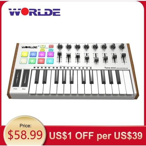 WORLDE Midi Keyboard Midi Controller TUNA 25-Key USB MIDI Keyboard Controller 8 RGB Backlit Trigger Pads with 6.35mm Pedal Jack