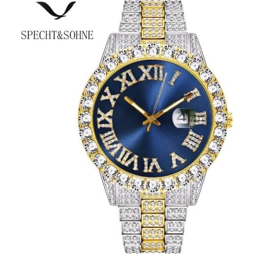 2020 New Arrvial Mens Diamond Watch Iced Out Watches Blue Dial Gold Quartz Clock Role AAA Male Sport Wristwatch 30M Waterproof