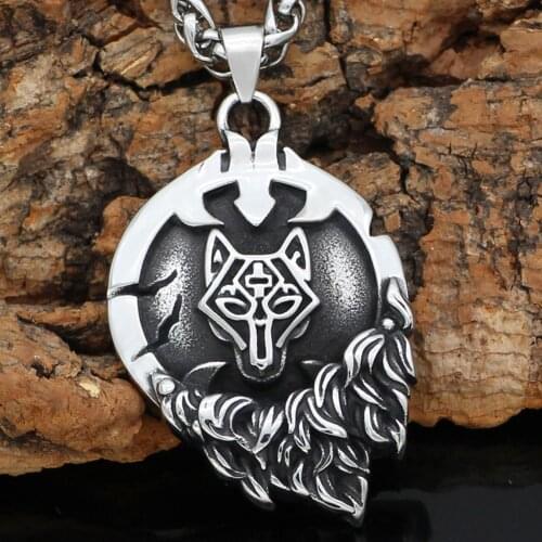 Men stainless steel Nordic viking Fenrir Wolf Rune necklace with viking gift bag