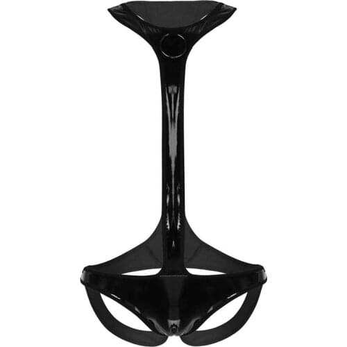 Newest Sexy Mens One-piece Wet Look Faux Leather Mankini Stretch Open Thong Bikini Briefs Underwear Jockstrap with Metal O-ring