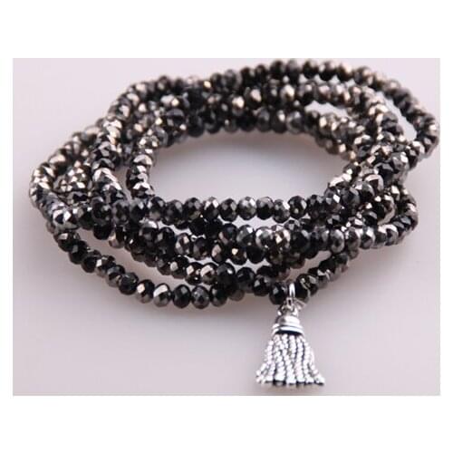 Drop shipping 5 Strands Crystal with Alloy Tassel Beads Stretched Bracelets Black Bead Yoga Bracelet & Necklace