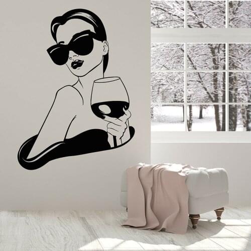 Sexy Girl Vinyl Wall Decal Girl Fashion Lady With Glass Of Wine Bar Sign Drink Kitchen Living Room Decoraiton M94