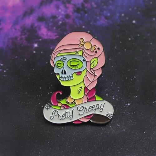 Pretty Skeleton Face Girl Brooch Creepy Glow in the Dark Candy Spider Web Queen Enamel Pin Denim Ghost Beauty Badge Girl Gifts