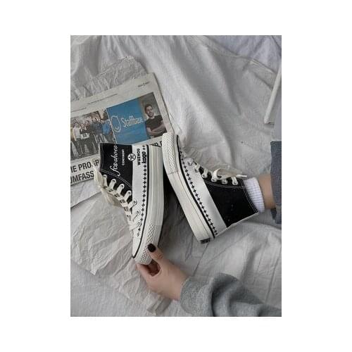 Trend color matching womens lace-up high-top canvas shoes 2020 spring and autumn new Harajuku style letter flat shoes