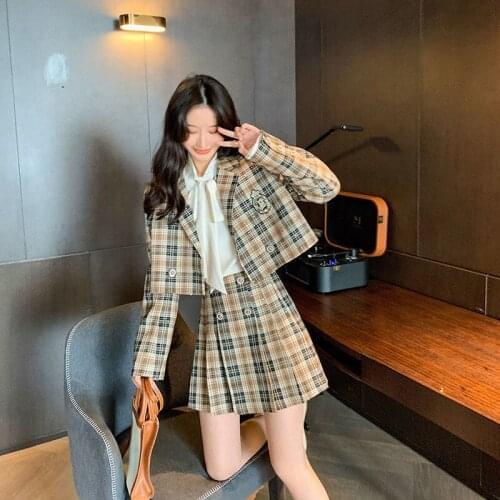 Two Piece Suit 2021 Fashion Elegant Vintage Jacket Work Mini Pleated A-line Skirts Korean Office Ladies Long Sleeve Blazer Set