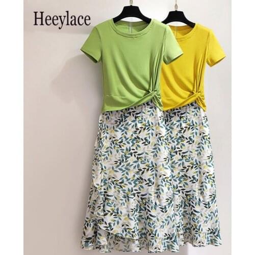 2021 Summer Korean Fashion T-shirt Skirt Set Women Graceful Print Dress Girls Students Casual Sweet Clothing Wholesale