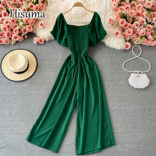 2021 summer new women Square collar flying sleeve chiffon Wide leg jumpsuit female sling Chic simple elegant waist bodysuits