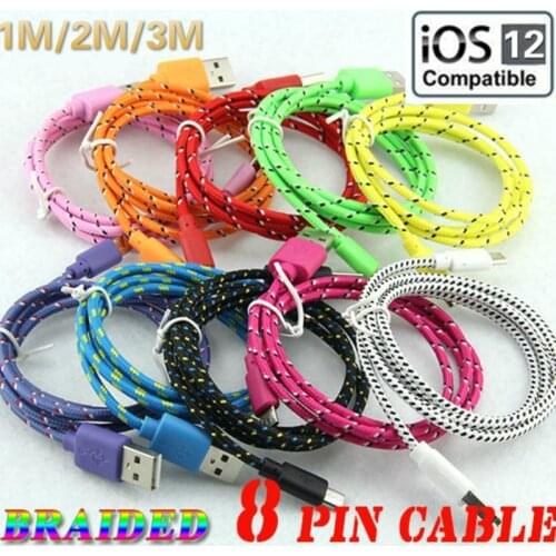 100pcs 1M/2M/3M Round Fabric Braided Rope 8pin Usb Charger Sync Data Phone Cable for iPhone XS Max XR X 8 7 6 5 for Ipad 4/mini
