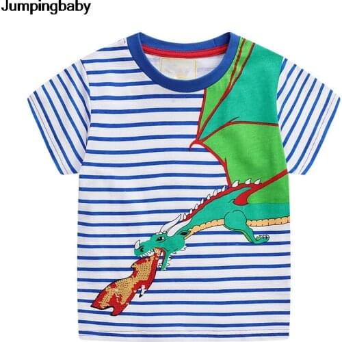 2021 Boys T Shirt Kids Summer T-shirt Stripped Tops Kids Clothes Animals Dinosaurs Tshirt Baby Boy Roupas Enfant Koszulka New