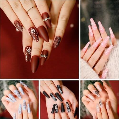 24PCS Reusable Christmas Fake Nails Acrylic False Nails Full Cover Wearable False Nail DIY False Nails Salon Art Tips Set