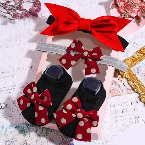 3 Pcs/Set Baby Socks Headbands Set Dot Flower Lattice Bows Infant Girl Socks Hairband Summer Anti Slip Kids Toddler Short Socks