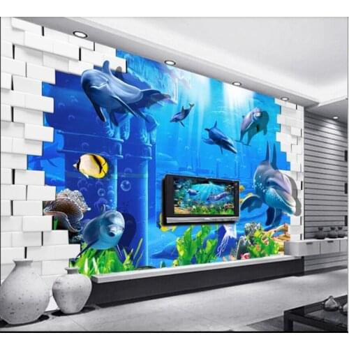 Custom photo 3d wallpaper Brick wall of ocean world shipwreck dolphins room home decor 3d wall murals wallpaper for walls 3 d