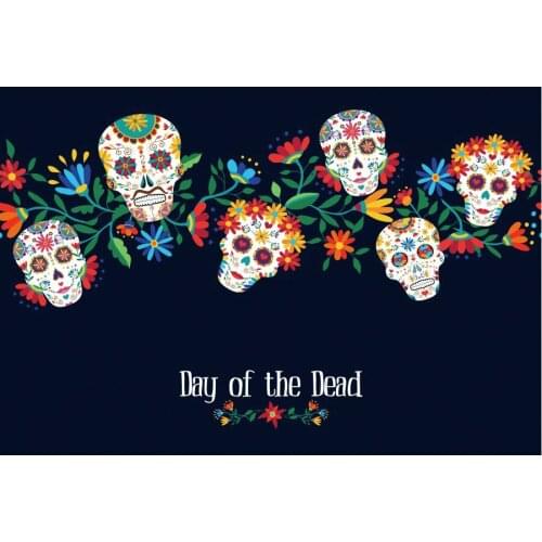 Day of the Dead Flower Skull Black Backdrop Holiday Photography Background Holiday Celebration Photo Booth Studio Decor
